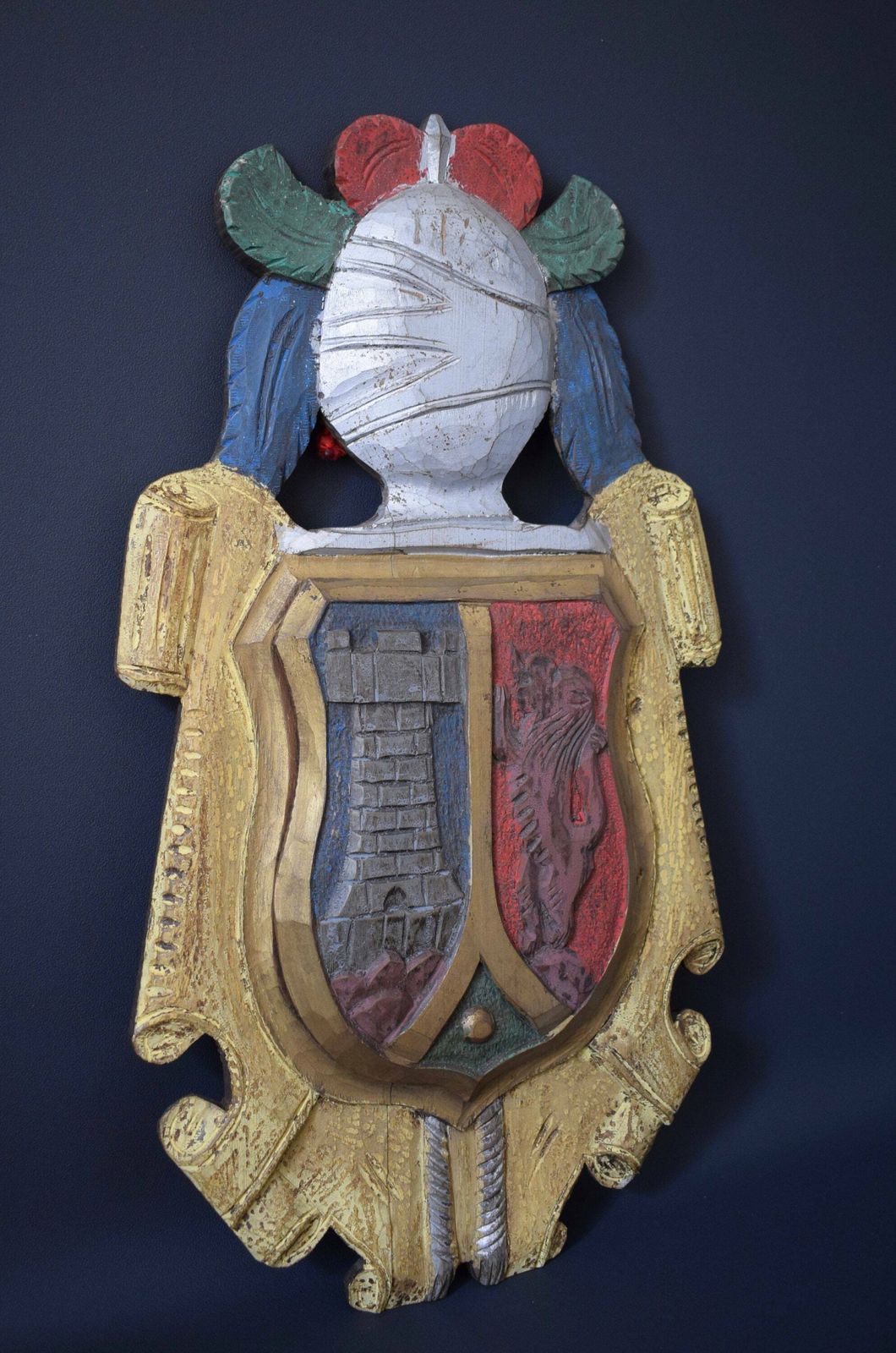Antique Carved And Painted Wood Wall Coat Of Arms Crest photo vintage