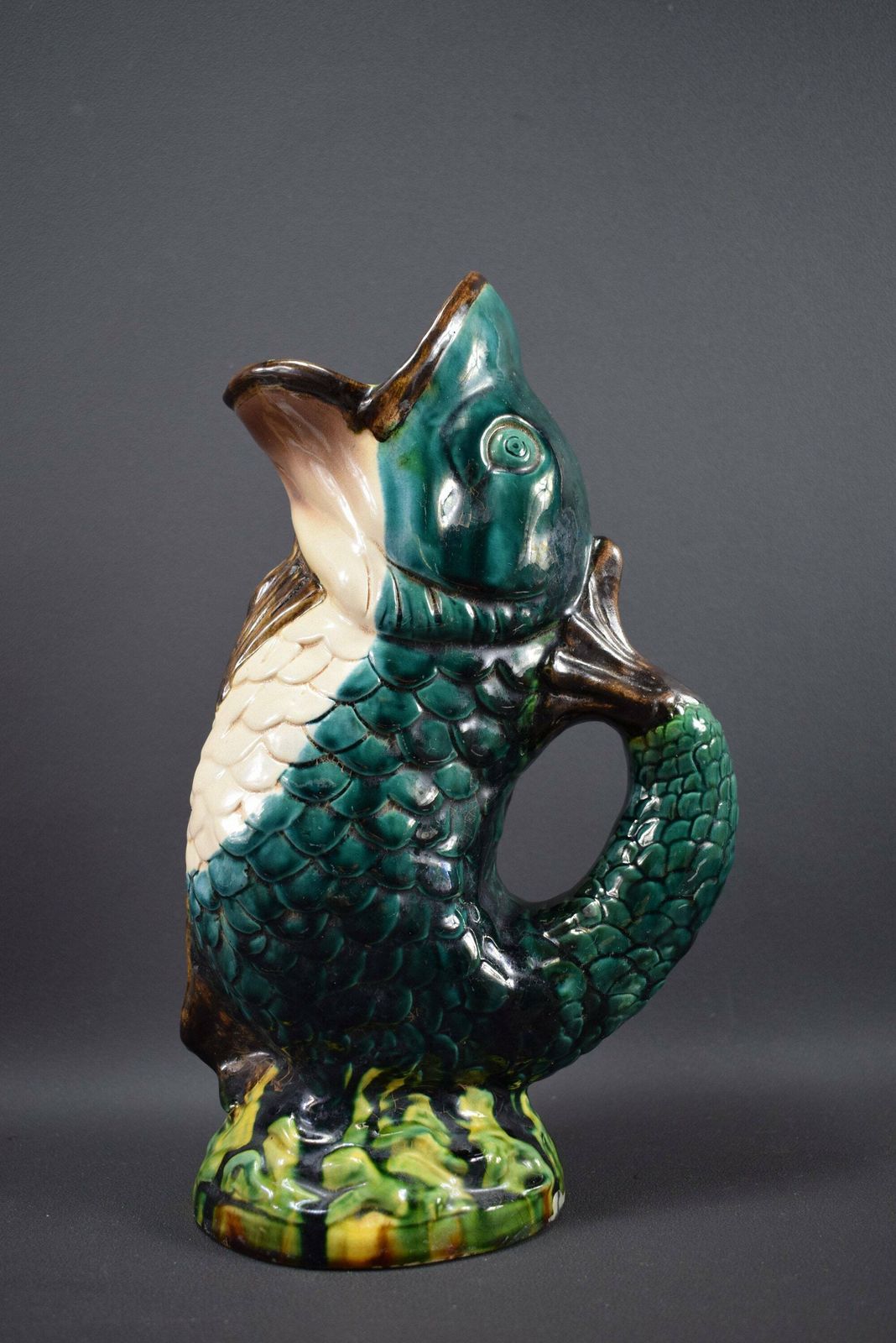 Antique French Majolica Gurgling Fish Pitcher Jug Vase photo furniture