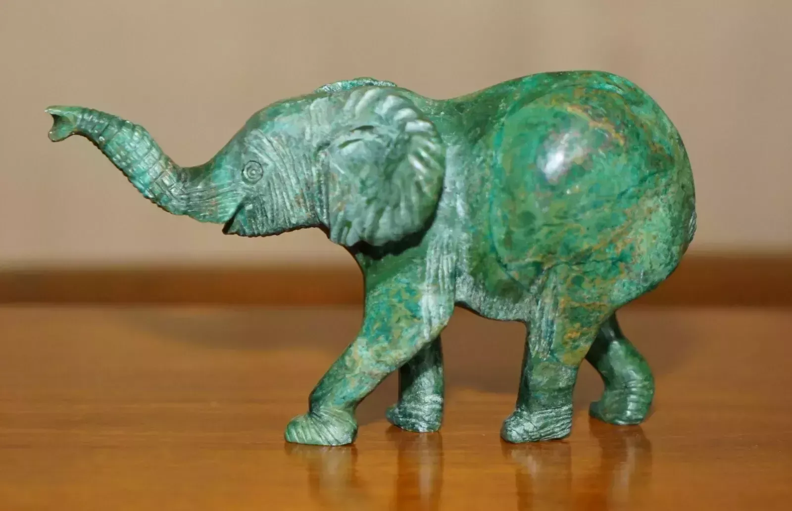 Stunning Hand Carved Malachite Statue Of An Elephant With Raised Trunk Good Luck photo 375.0