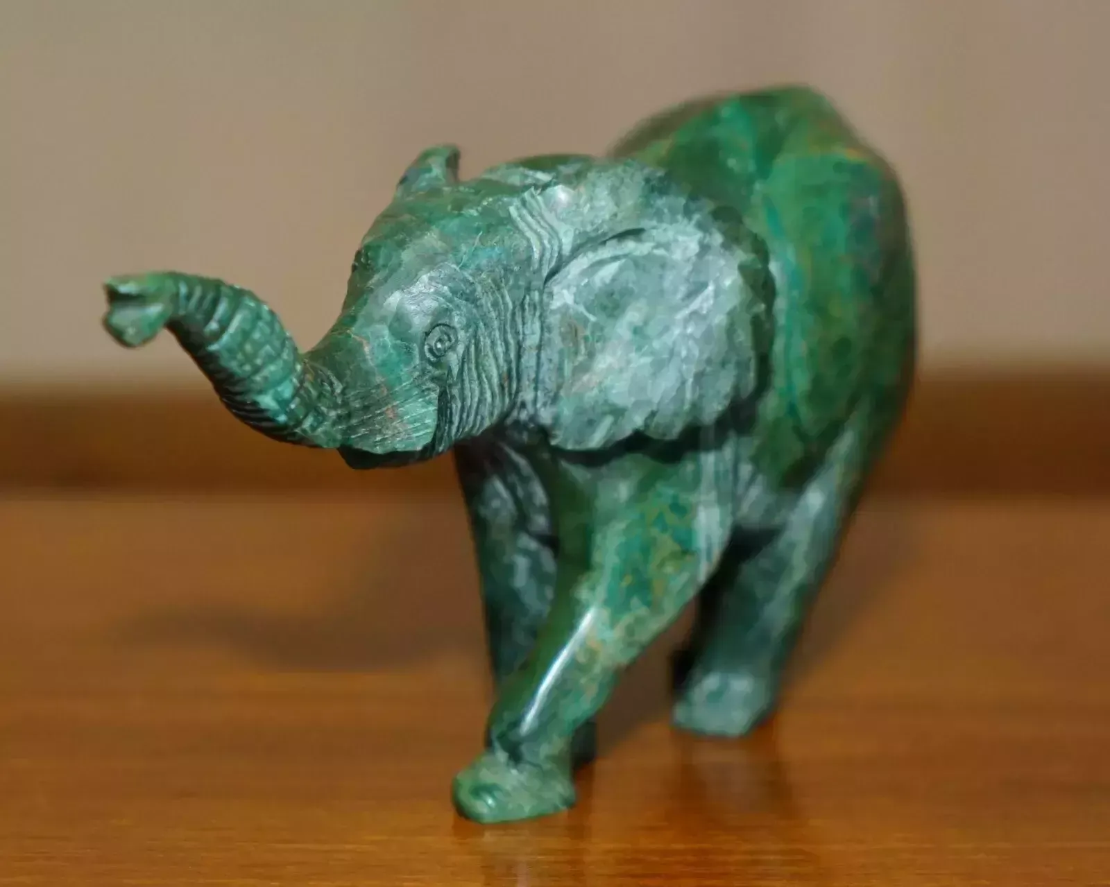 Stunning Hand Carved Malachite Statue Of An Elephant With Raised Trunk Good Luck photo vinterior