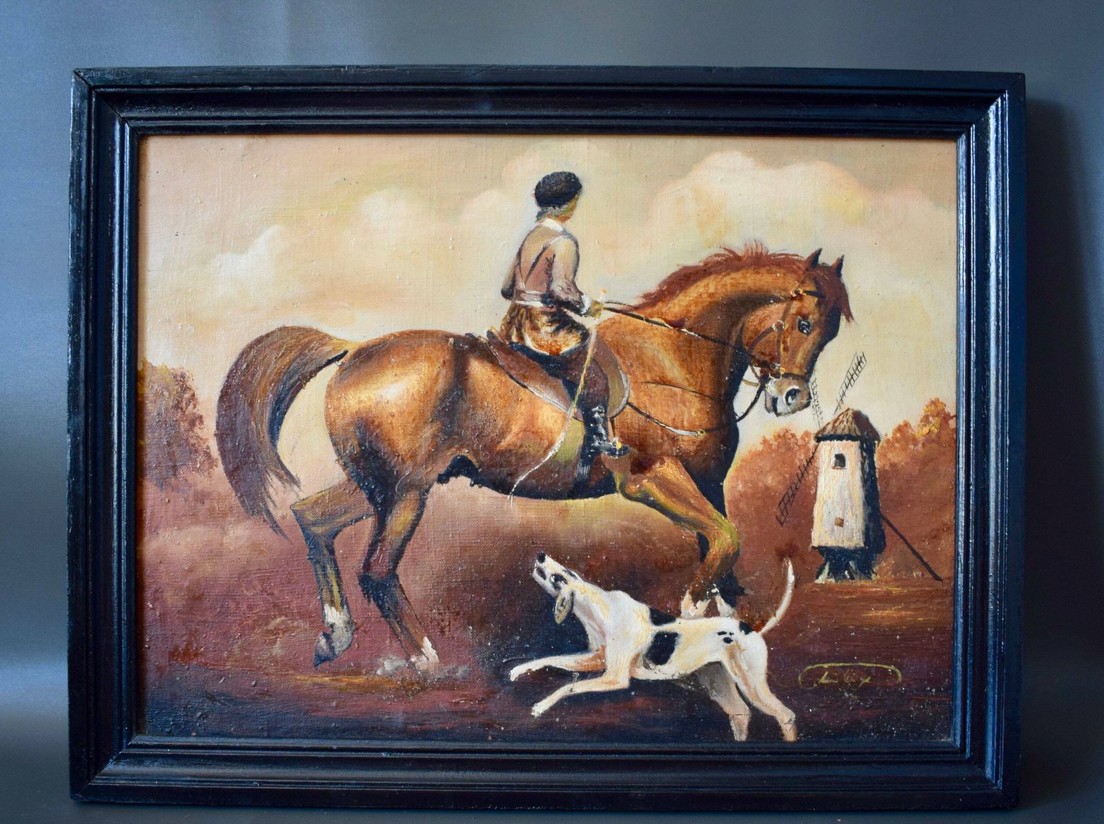 Antique French Oil Painting On Canvas Hunting Picture Hunter Horse And Hunting Dog Framed