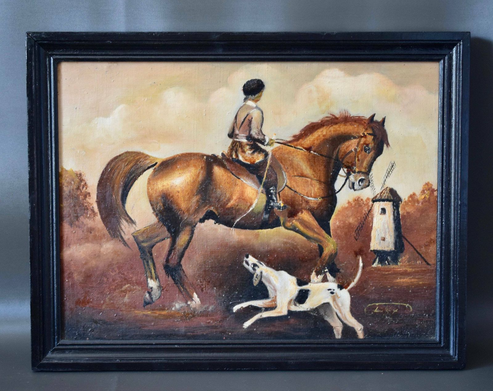 Antique French Oil Painting On Canvas Hunting Picture Hunter Horse And Hunting Dog Framed photo vintage