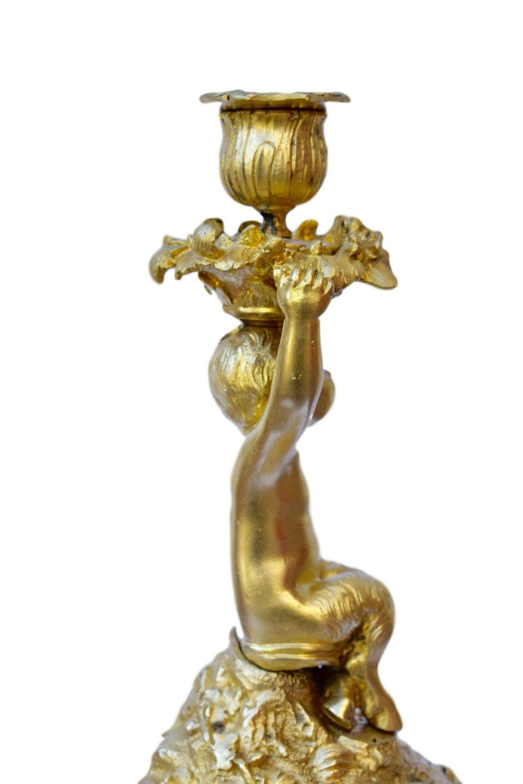 Rococo Antique French Ormolu Bronze Candlestick Candle Holder With A Faun Statue photo buy
