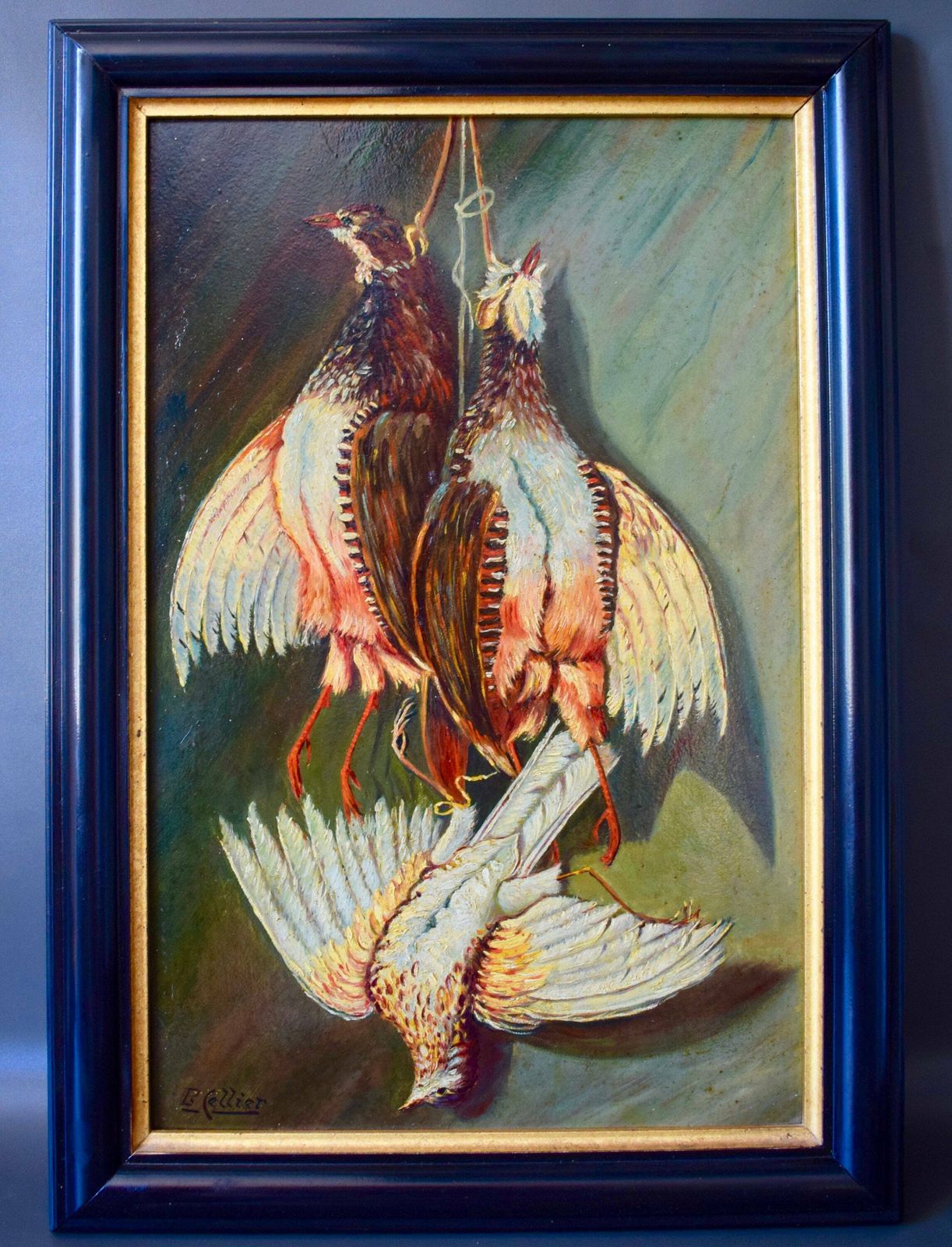 French Antique Hunt Trophy Oil Painting Game Birds photo furniture