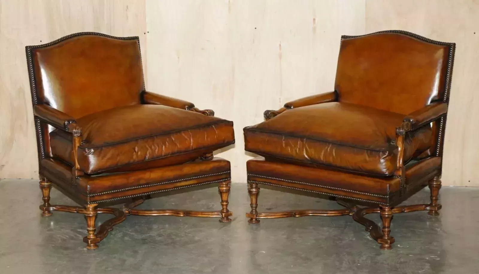 Lovely Pair Of Hand Dyed Cigar Brown Leather Library Armchairs With Ottoman photo furniture