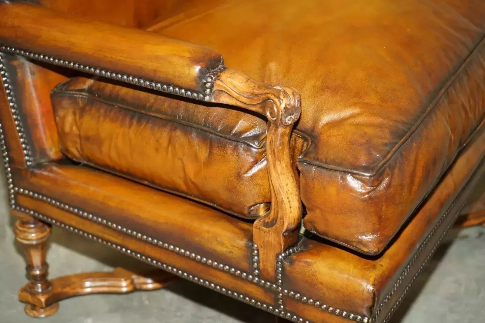 Furniture Lovely Pair Of Hand Dyed Cigar Brown Leather Library Armchairs With Ottoman photo
