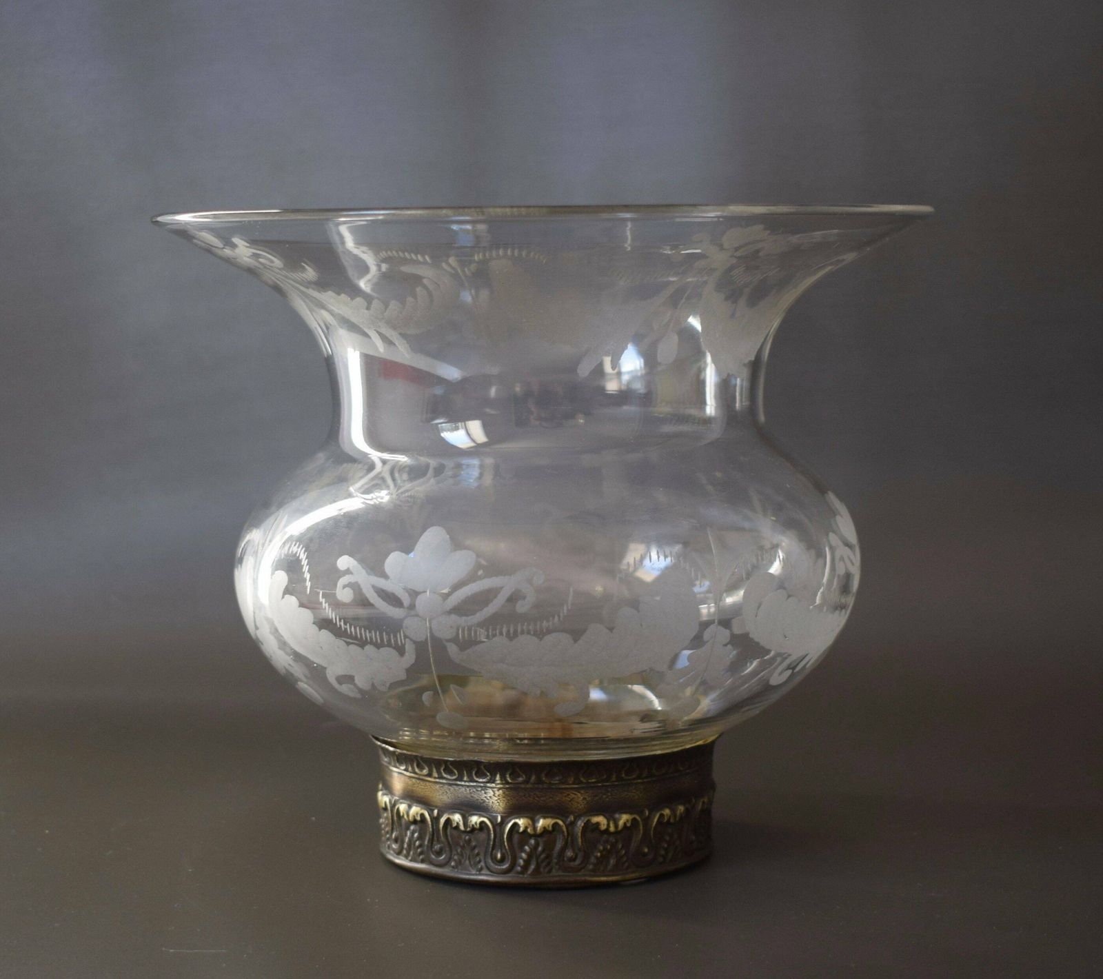 Large Antique French Cut Crystal Wheel Engraving Glass Lamp Shade With Brass Mount