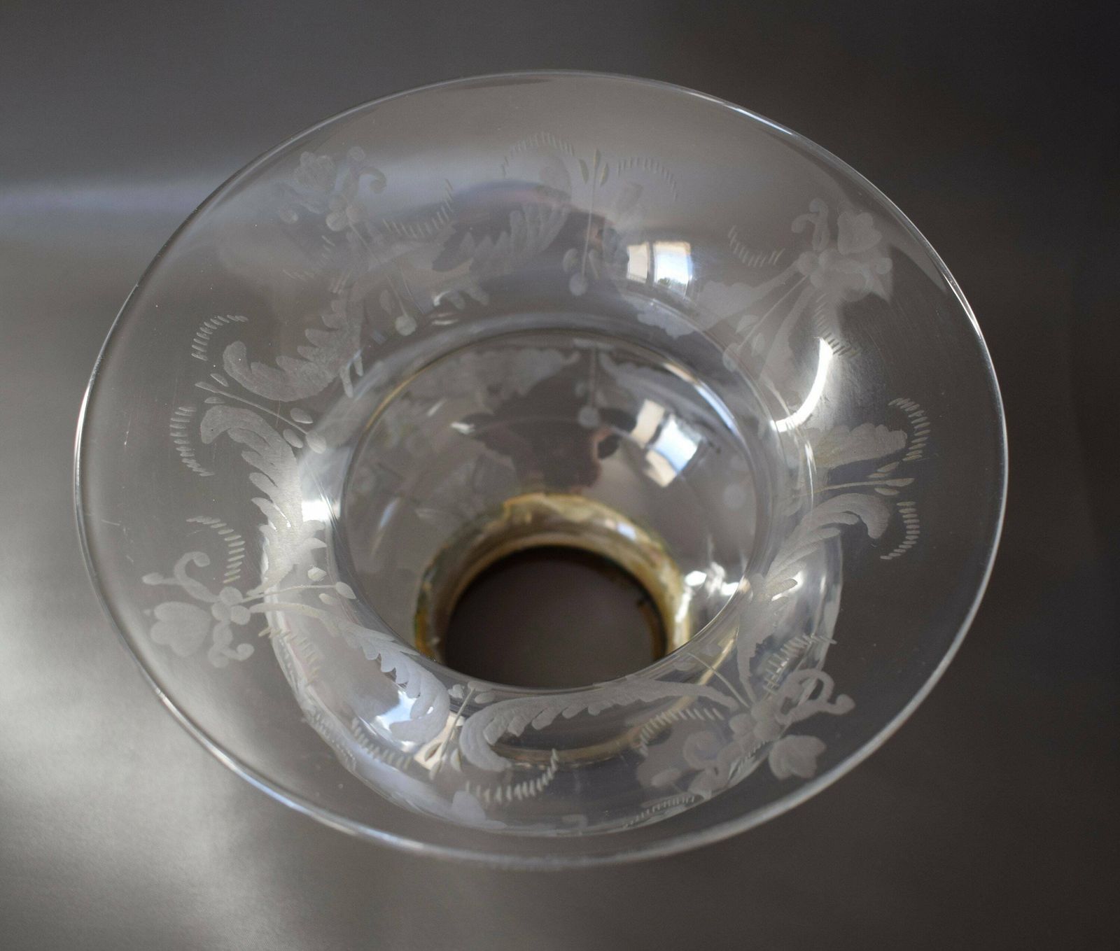 Large Antique French Cut Crystal Wheel Engraving Glass Lamp Shade With Brass Mount photo Lighting