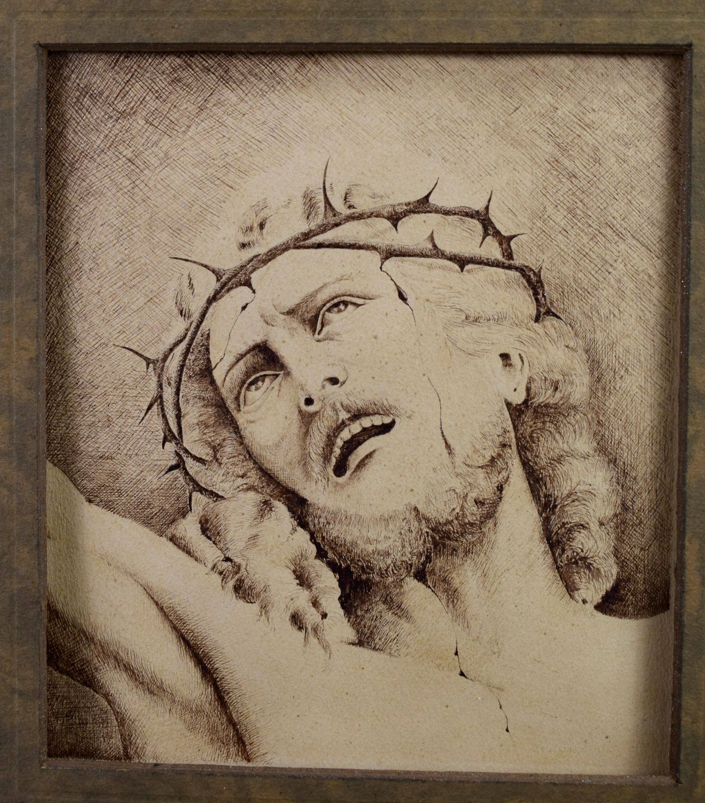 Antique French Religious Ink Drawing On Paper Of Jesus Christ Portrait , Jesus On The Cross photo furniture