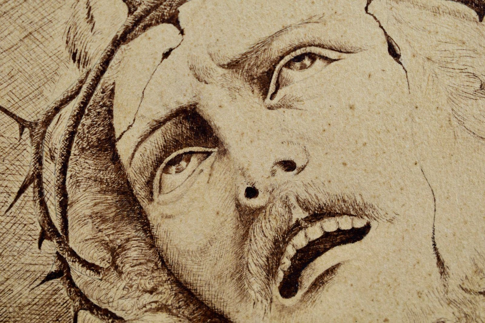 Antique French Religious Ink Drawing On Paper Of Jesus Christ Portrait , Jesus On The Cross photo for sale