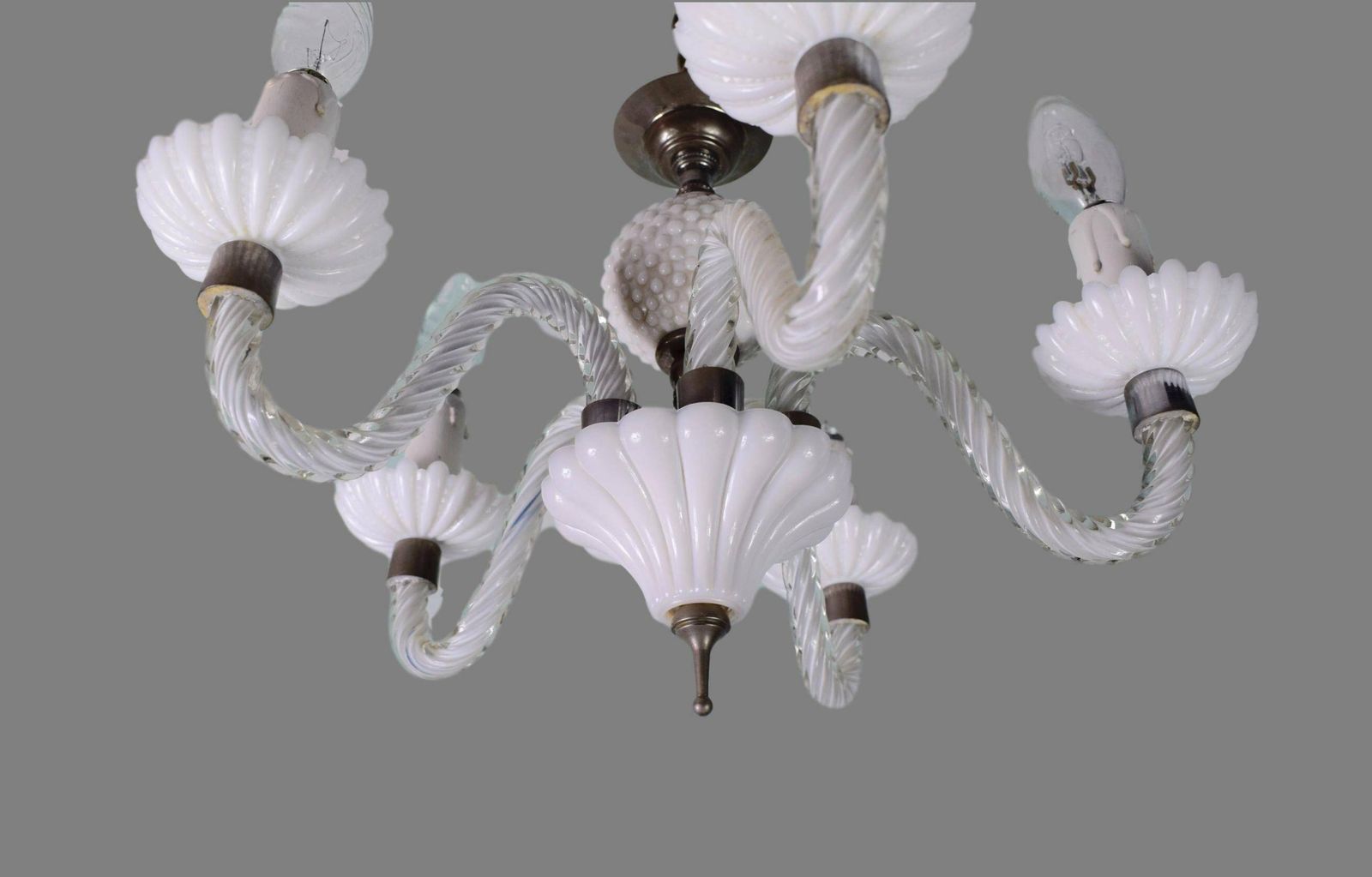 French Vintage White Opaline Chandelier 5 Lights photo for sale