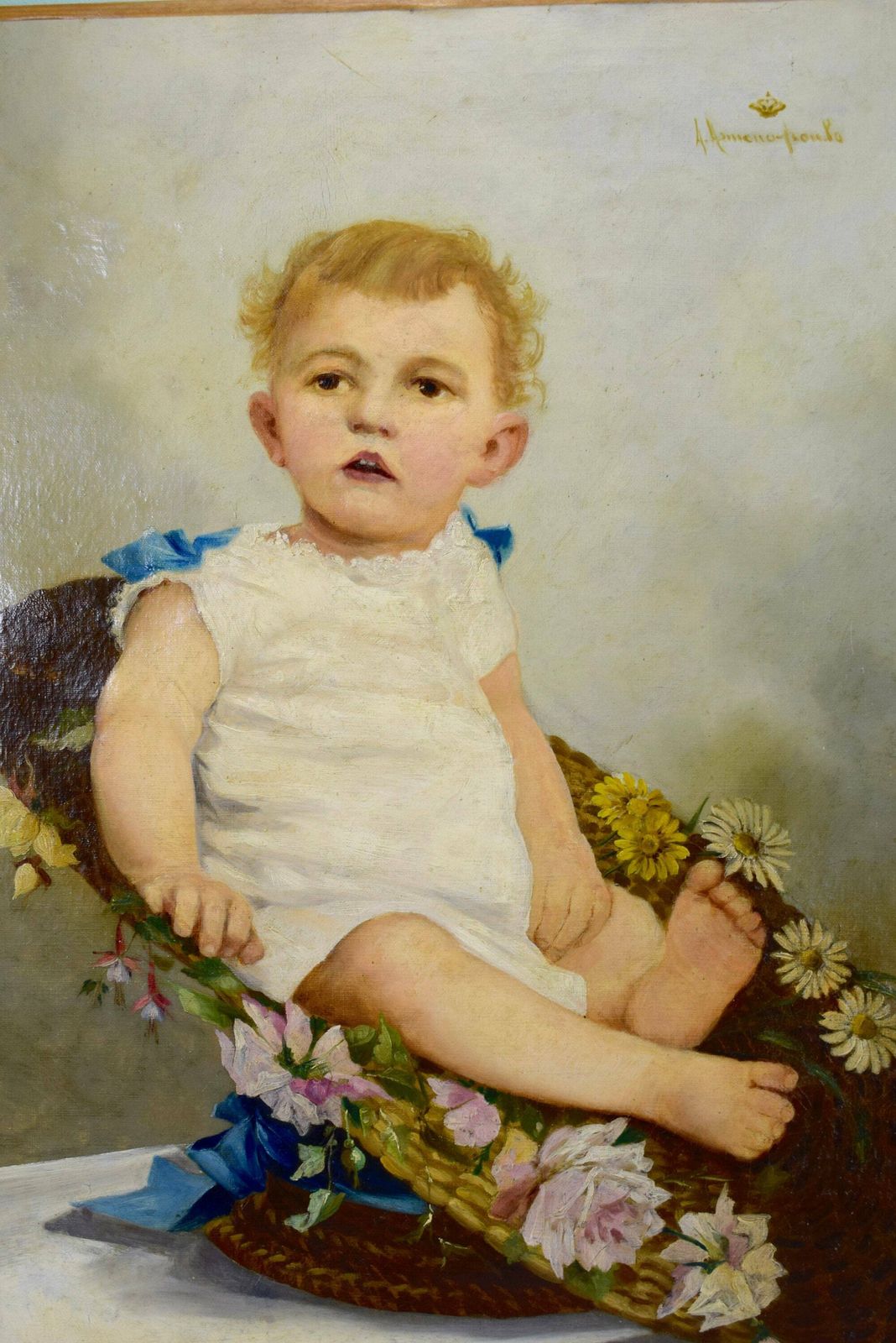 A Armanopoula Antique French Baby Portrait Oil Painting On Canvas Signed 19th photo furniture