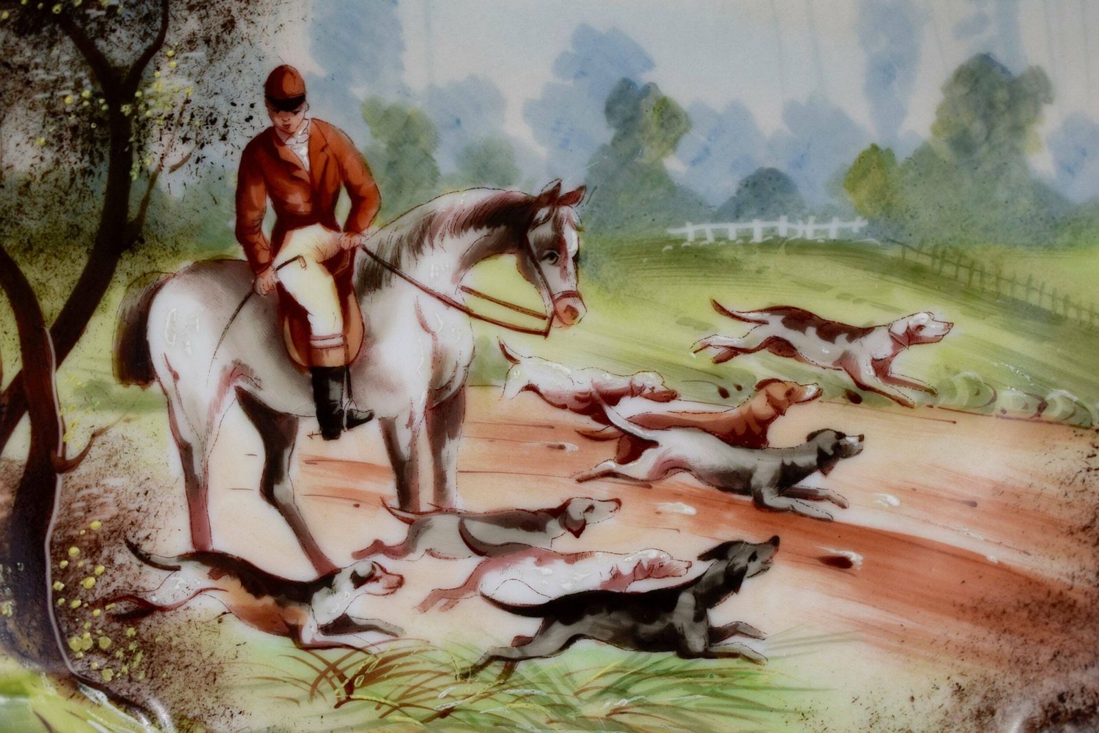 French Antique 19th.C Hand Painted Paris Porcelain Wall Plate, Hunting With Hounds Theme Wall Plate, Horse Dogs Hunting With Hounds photo furniture