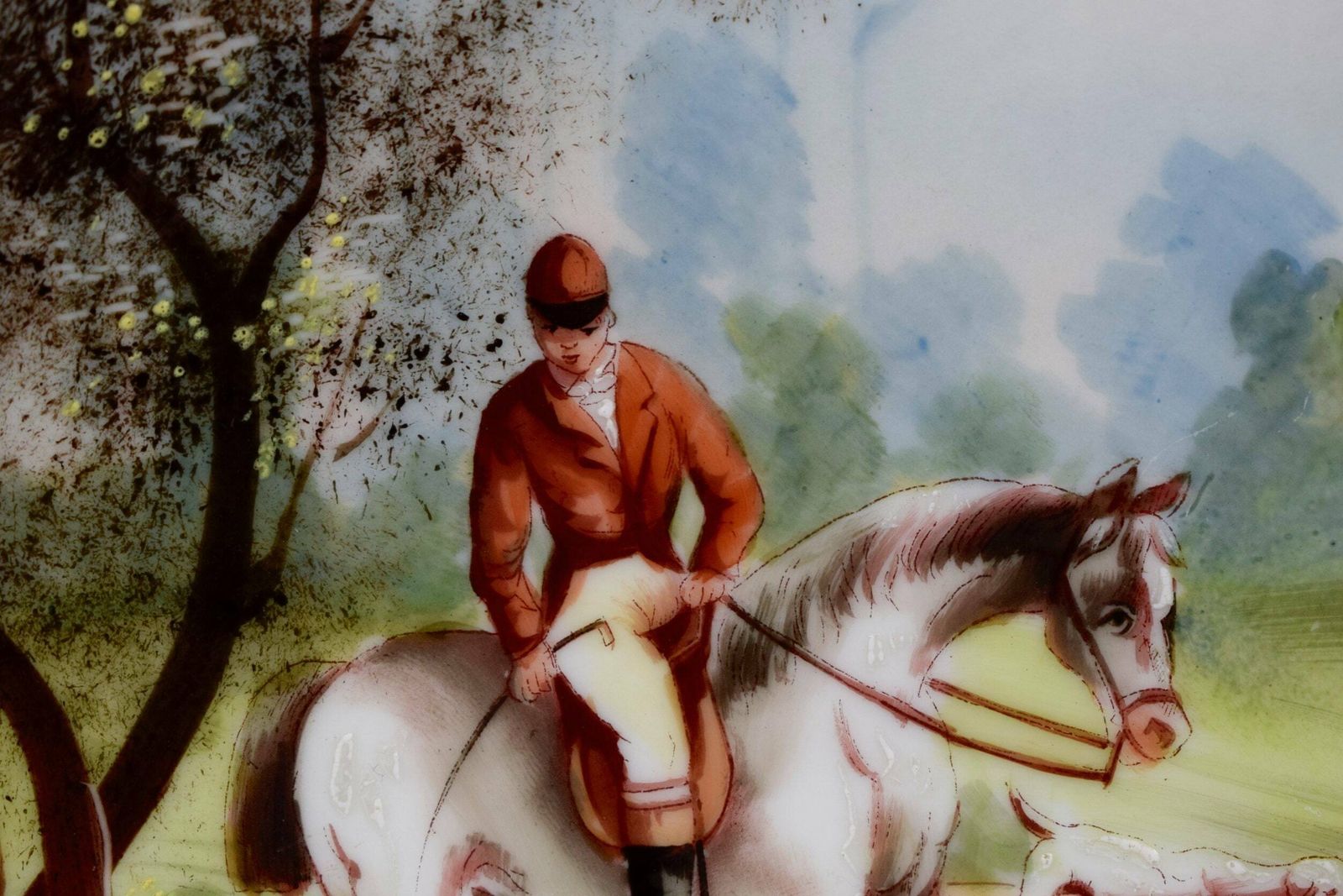 French Antique 19th.C Hand Painted Paris Porcelain Wall Plate, Hunting With Hounds Theme Wall Plate, Horse Dogs Hunting With Hounds photo for sale