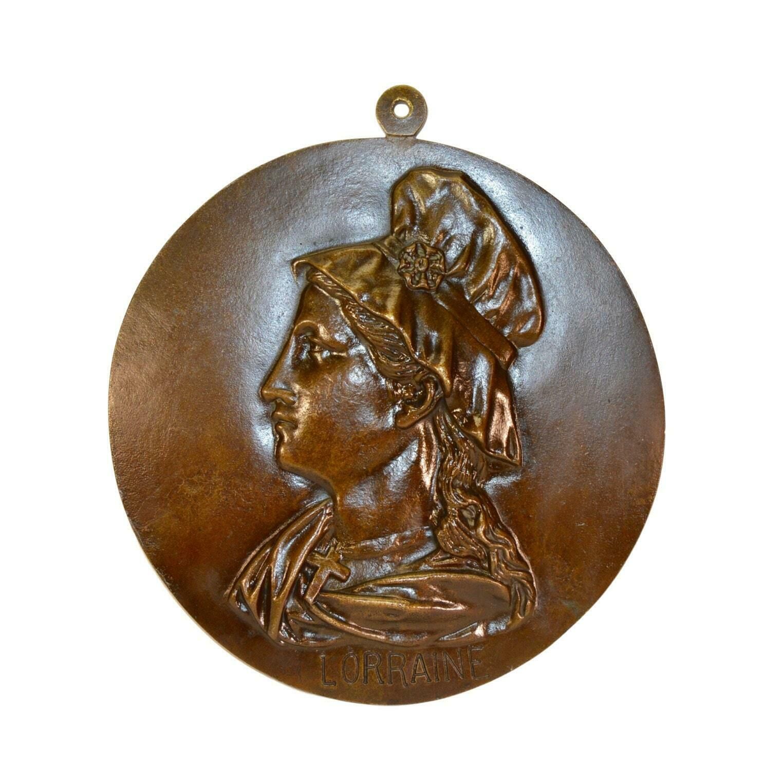 19th French Lorraine Woman Profile Portrait Bronze Wall Decorative Medal Plaque Plate