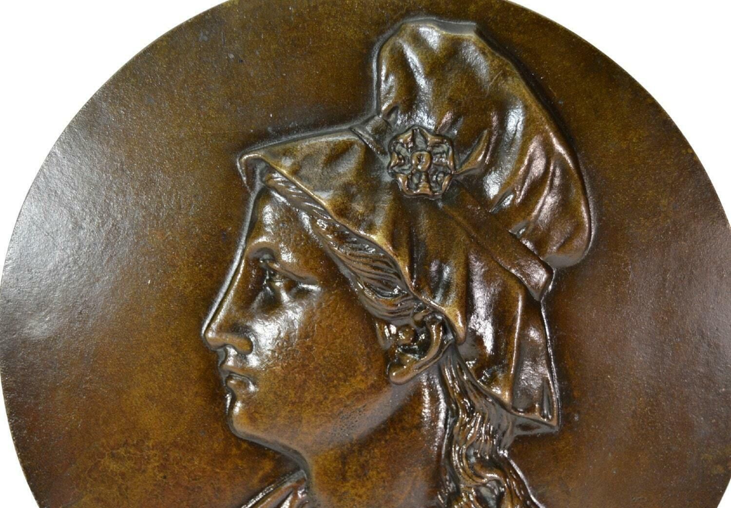19th French Lorraine Woman Profile Portrait Bronze Wall Decorative Medal Plaque Plate photo furniture