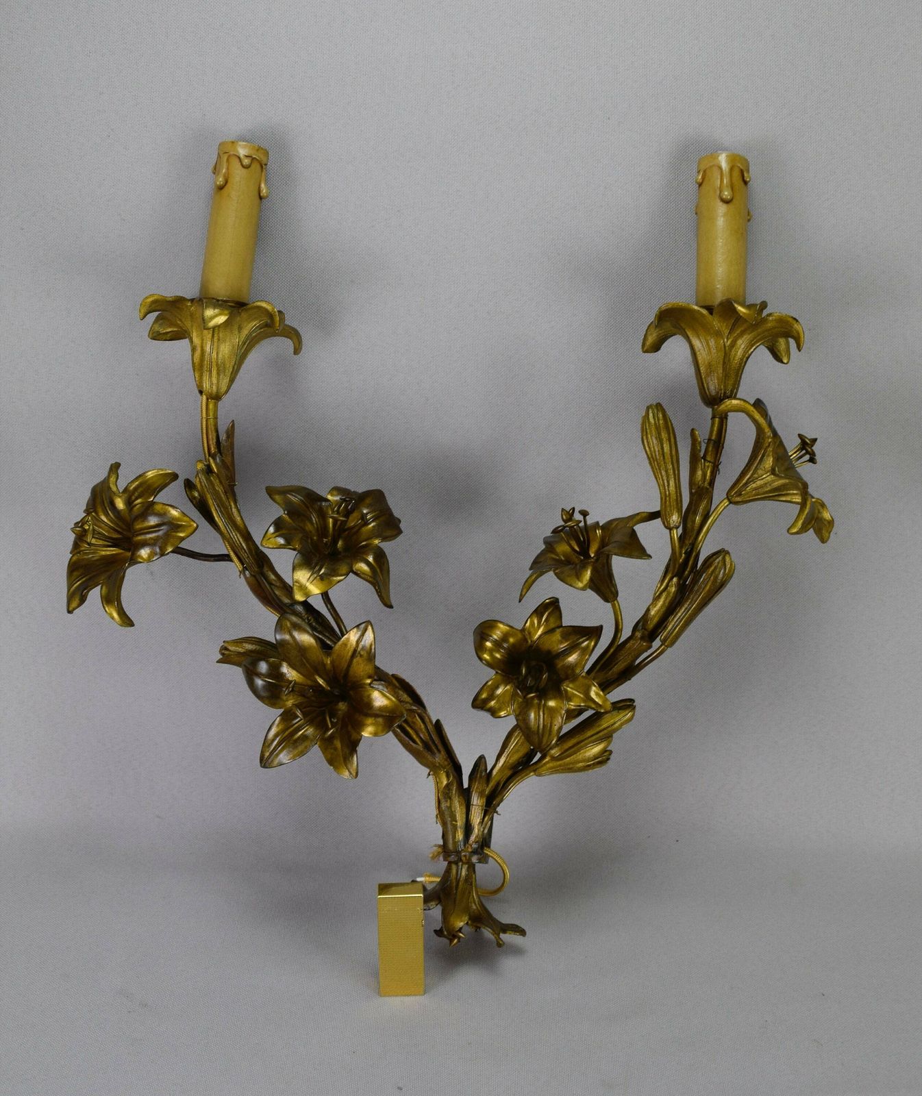 Rare Large Bronze Wall Sconce, French Antique Bronze Flower Sconce, Shabby French Wall Lamp, Two Lights Wall Sconce photo furniture