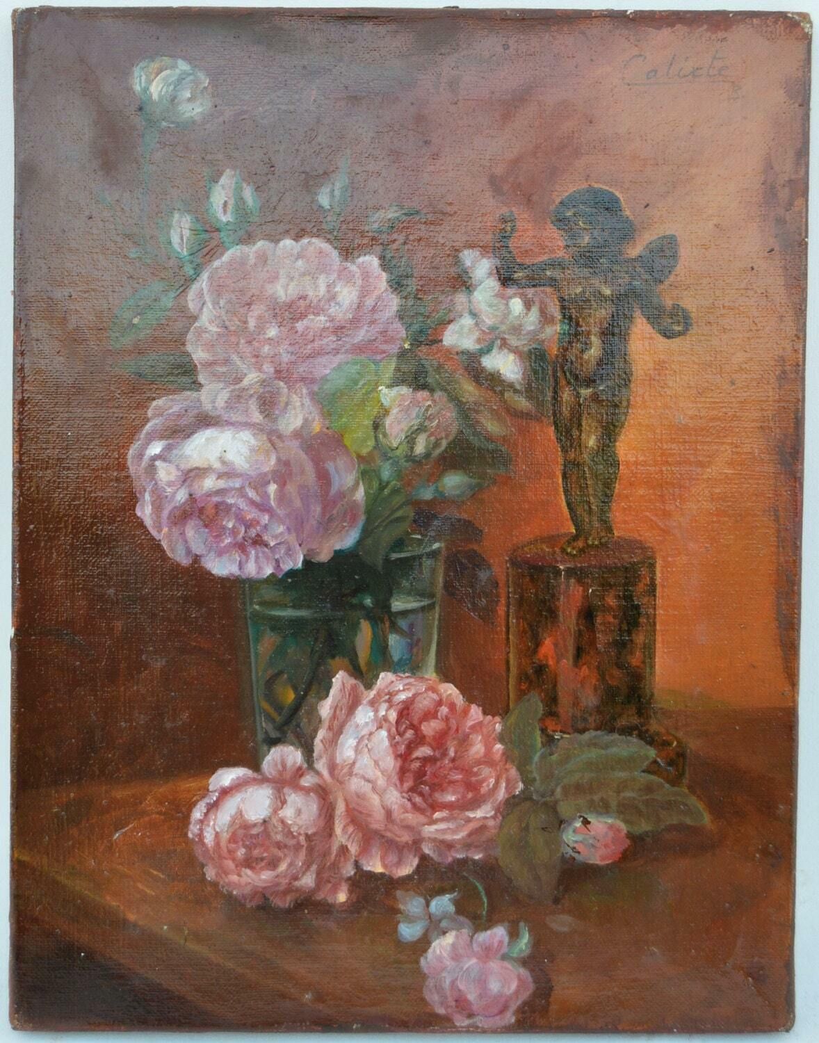 French Painting Oil On Canvas   Flowers   Still Life   Angel   By Calixte   French Wall Picture   Home Decoration   Home Wall