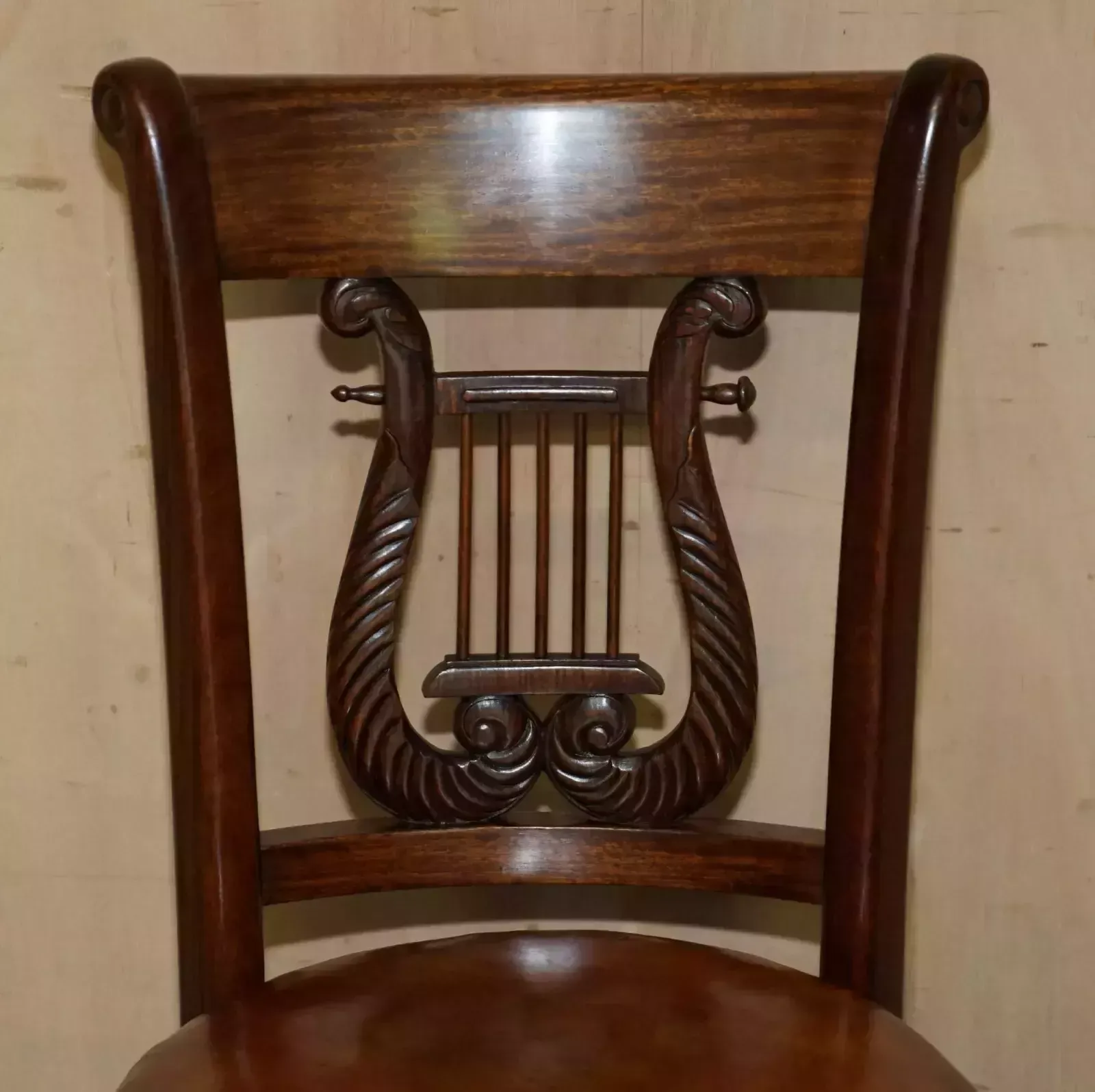 Exquisite Solid Mahogany Brown Leather Antique Musicians Chair Height Adjustable photo Furniture