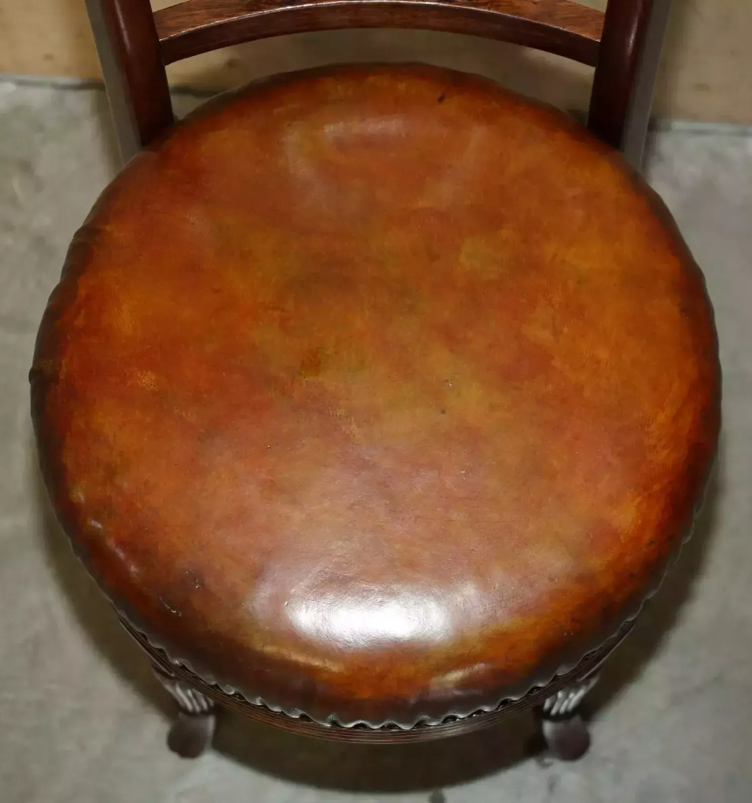 Exquisite Solid Mahogany Brown Leather Antique Musicians Chair Height Adjustable photo vinterior