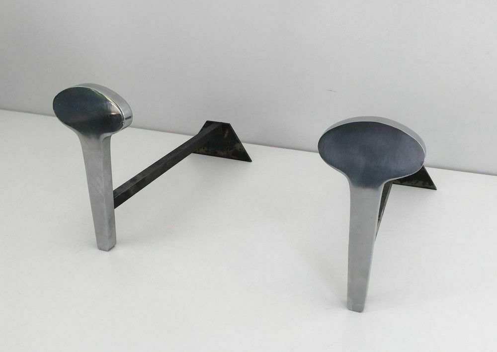 Pair Of Modernist Andirons In Chromed Steel And Wrought Iron photo for sale