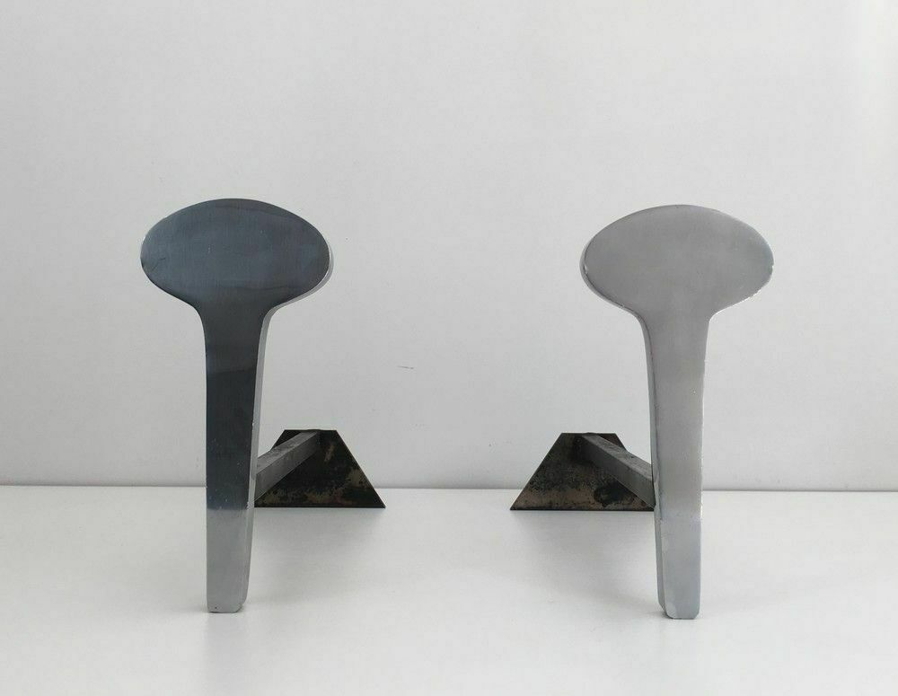 Pair Of Modernist Andirons In Chromed Steel And Wrought Iron photo 145.0