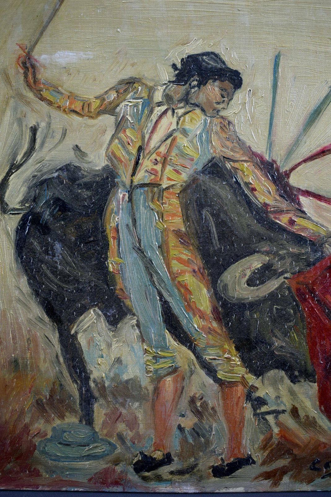 Vintage French Painting Oil Canvas Bull Fighting Scene Corrida Cotou photo vintage