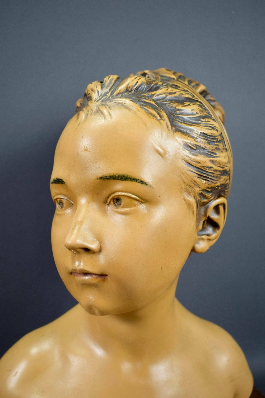 1900's Vintage French Bust Statue Figurine Plaster Young Girl photo for sale