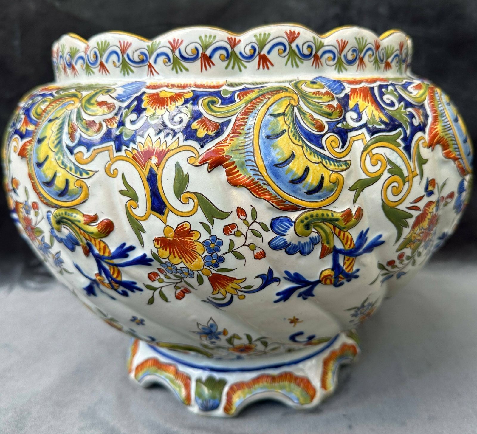 Large Desvres Fourmaintraux Antique French Cache Pot Planter Rouen Decor photo for sale