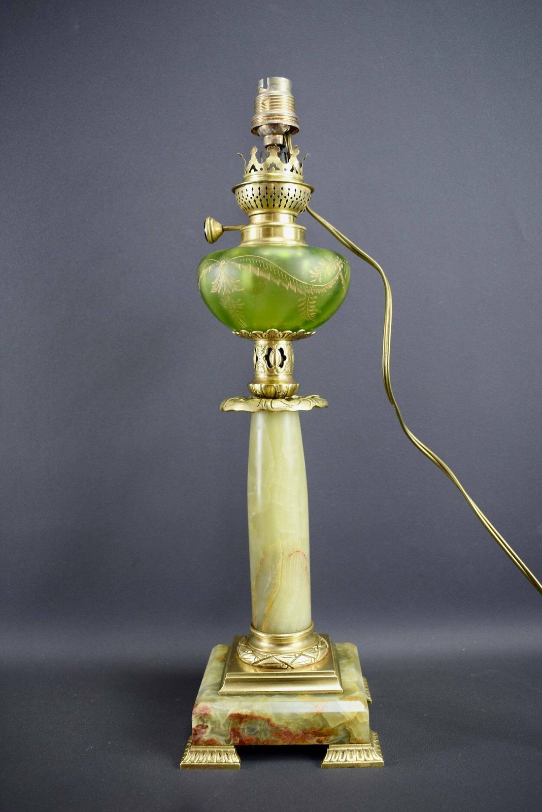 Art Nouveau French Green Glass And Onyx Table Kerosene Lamp Electrified photo furniture