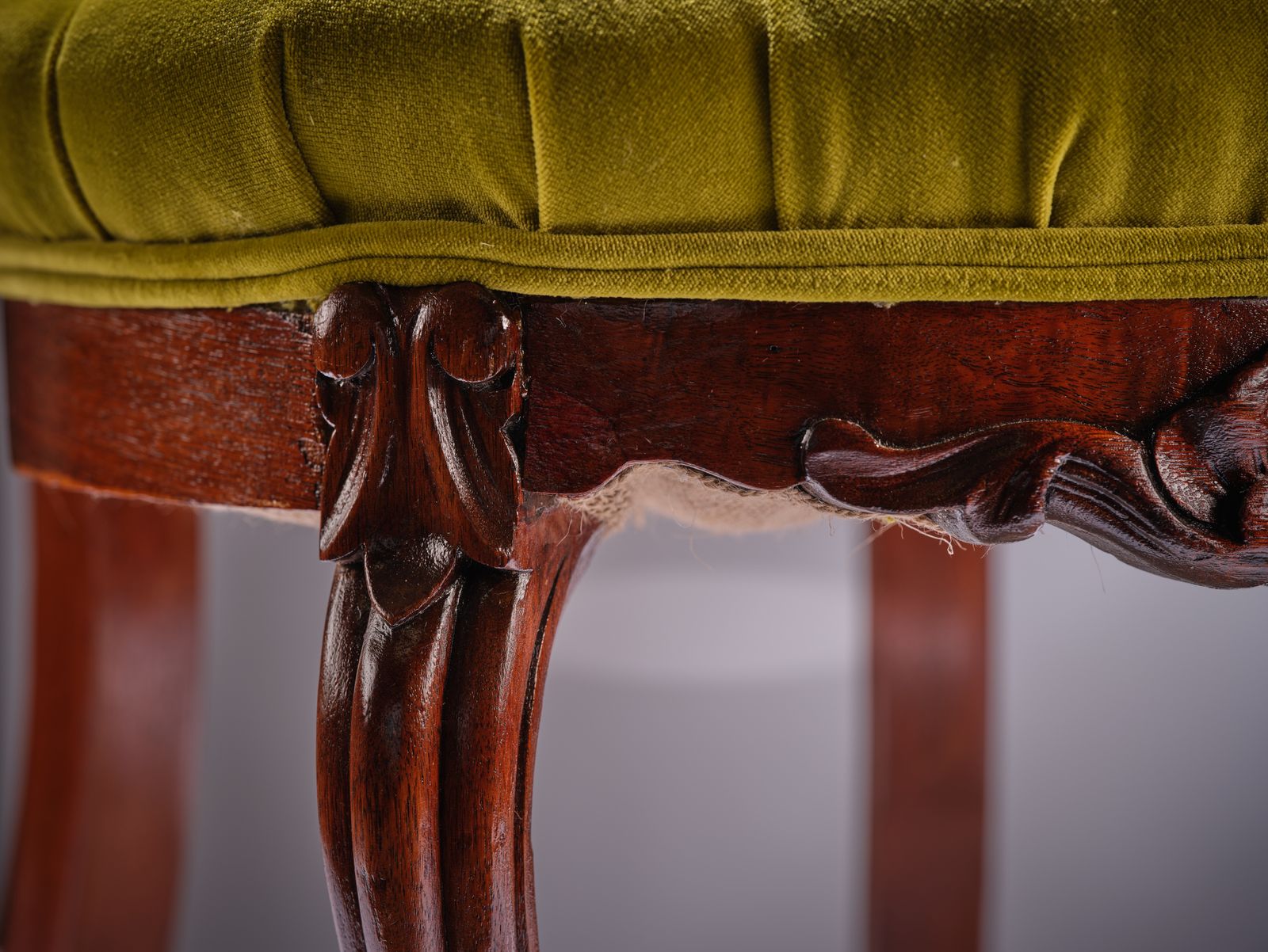 photo buy Stunning Ornately Hand Carved Walnut & Mahogany’pistachio Velvet Upholstered Ladies ‘Knicker’ Chair, England Circa 1900’s