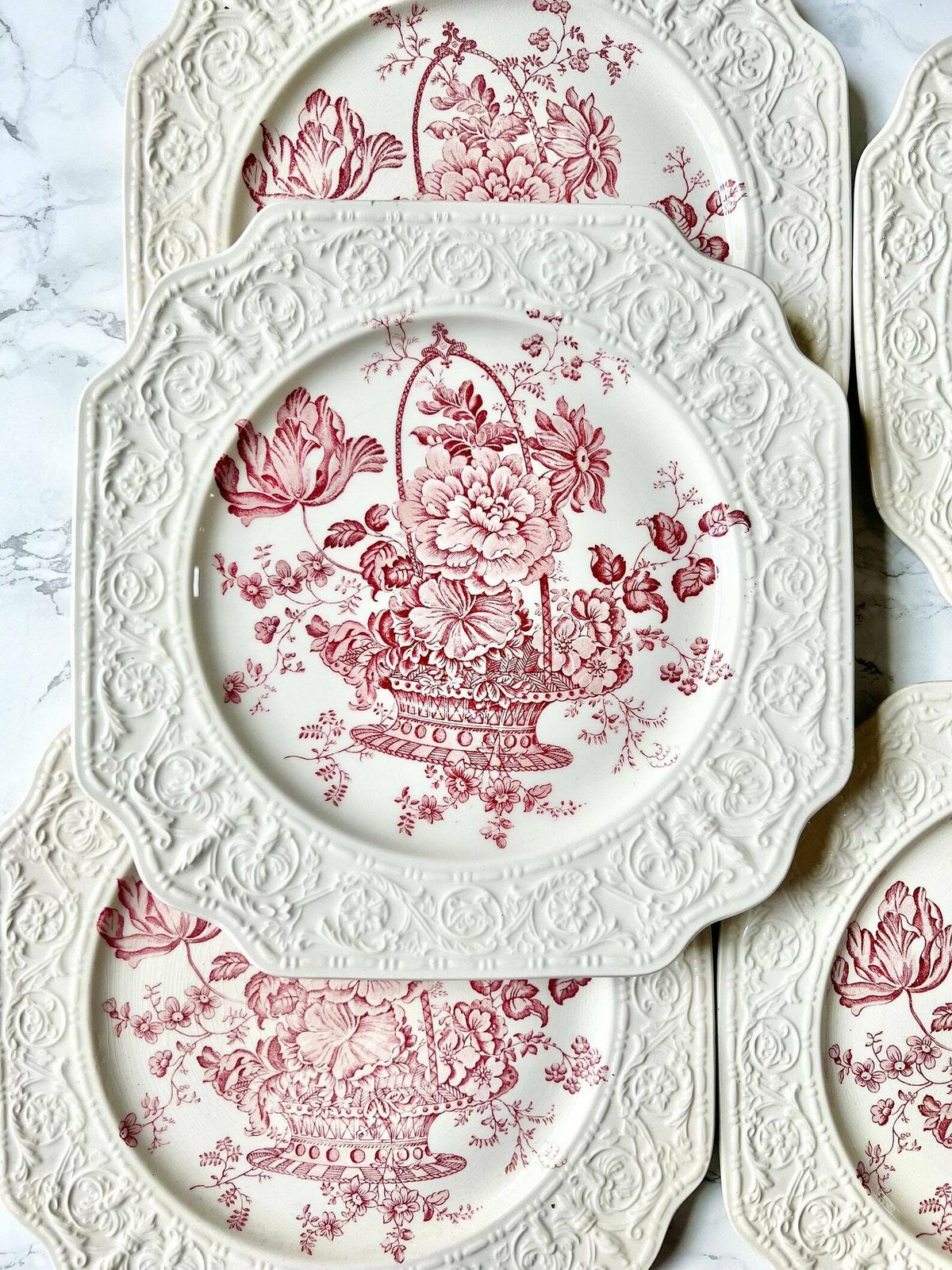 Crown Devon Fieldings Plates Red Transferware Flowers Embossed Creamware Rare Dining Set Victorian Style Square Pink Transfer Naturalist photo Home Decor