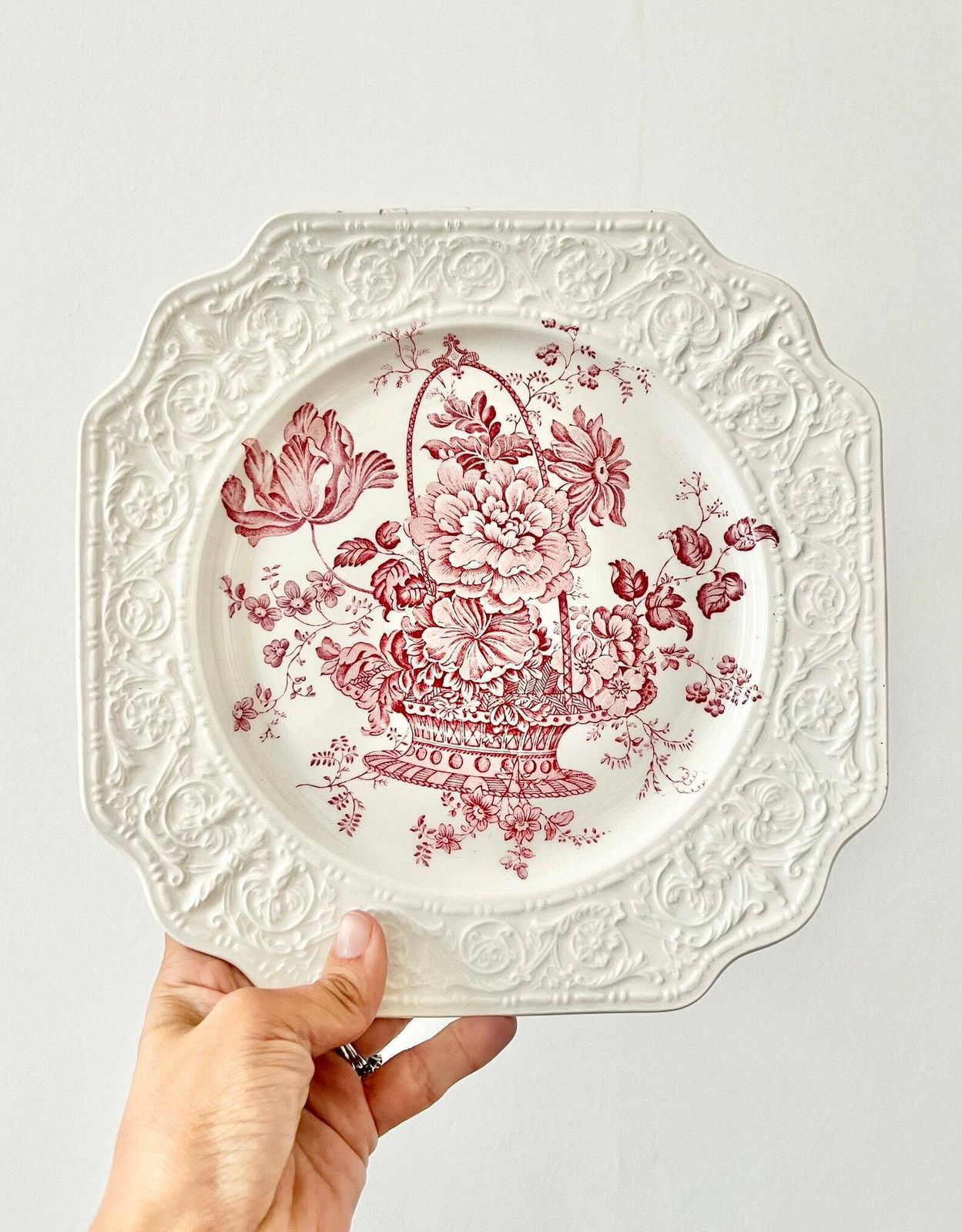 photo furniture Crown Devon Fieldings Plates Red Transferware Flowers Embossed Creamware Rare Dining Set Victorian Style Square Pink Transfer Naturalist