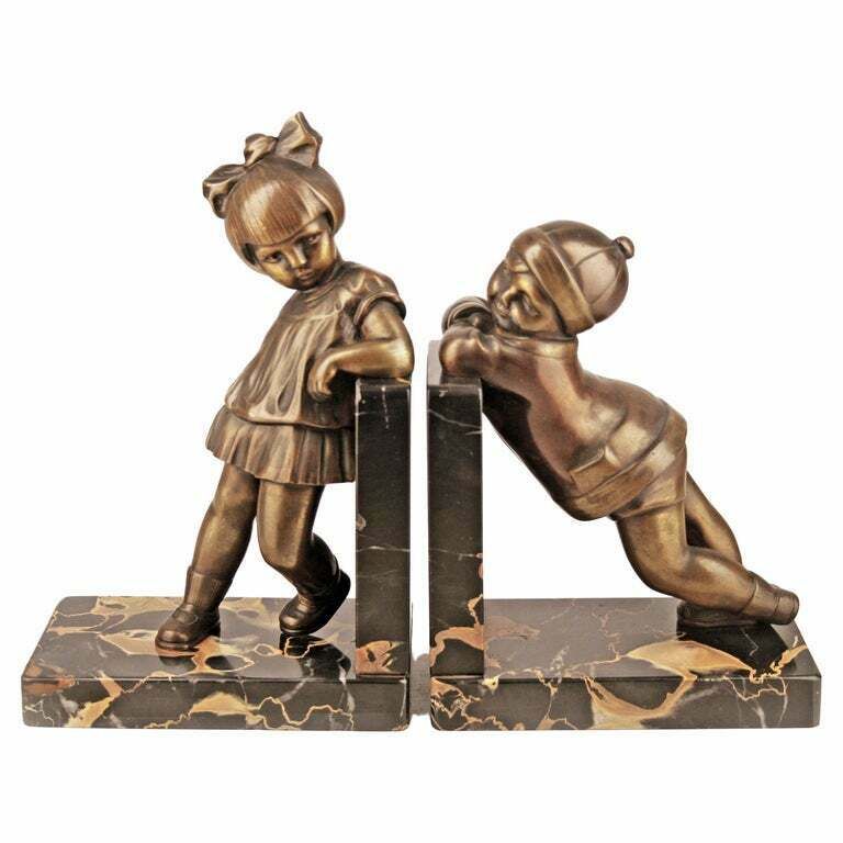 Pair Of Art Déco Bronze Bookends With Marble Base Designed By Alexandre Kéléty For Etling Paris