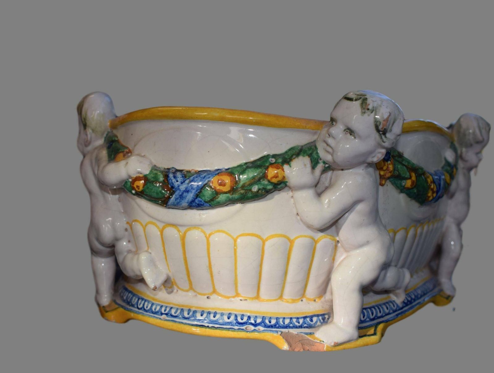 Antique Italian Majolica White Yellow Putto Jardiniere Della Robia Style photo buy