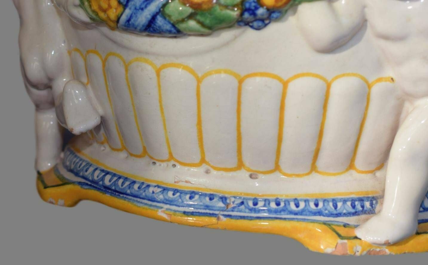 photo for sale Antique Italian Majolica White Yellow Putto Jardiniere Della Robia Style