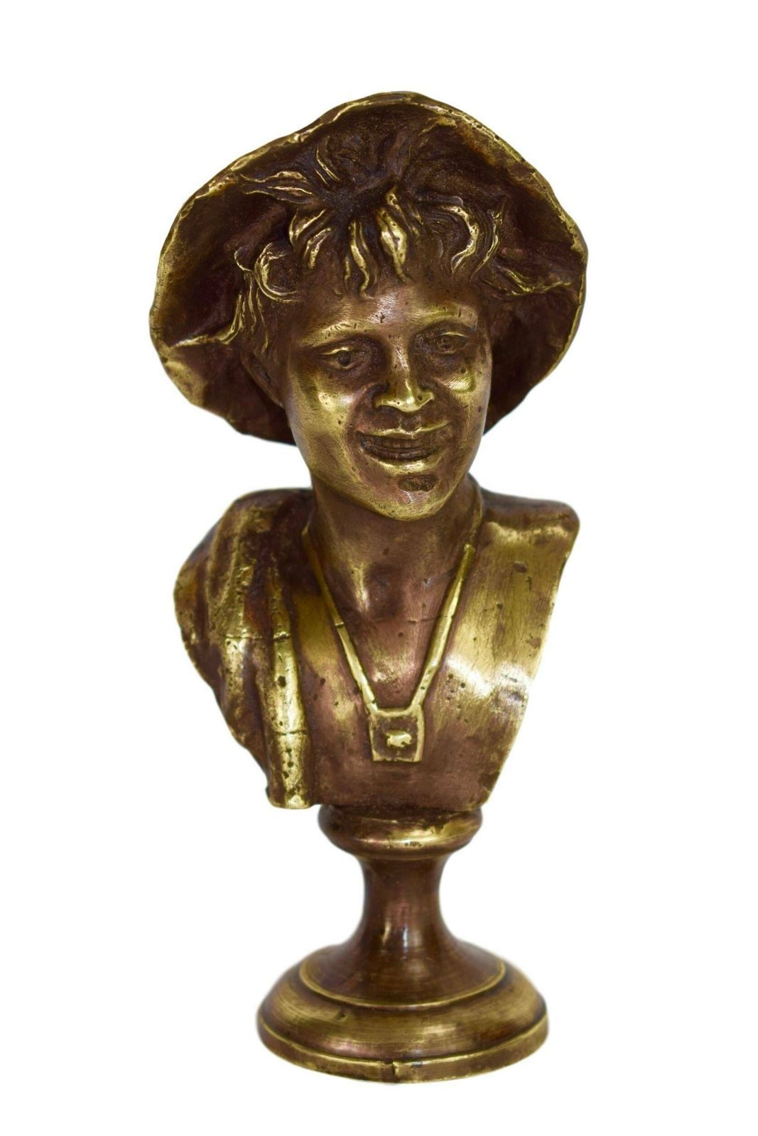 Antique French Bronze Sculpture Young Man Hat Bust Statue