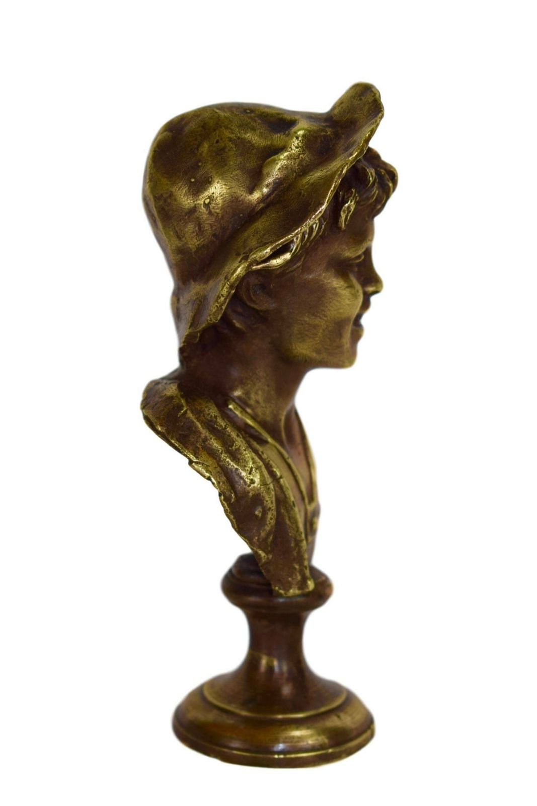 Antique French Bronze Sculpture Young Man Hat Bust Statue photo Art