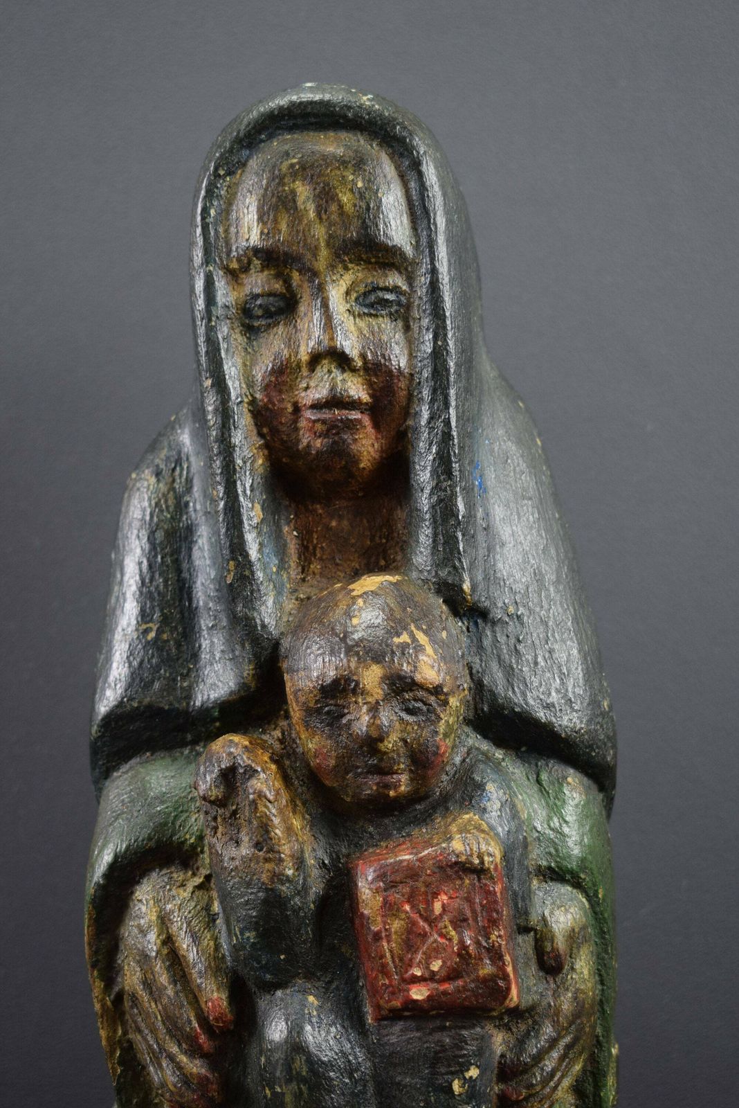 French Antique Religious Virgin Mary Jesus Child Wood Carved Statue Polychromatic 16th photo for sale
