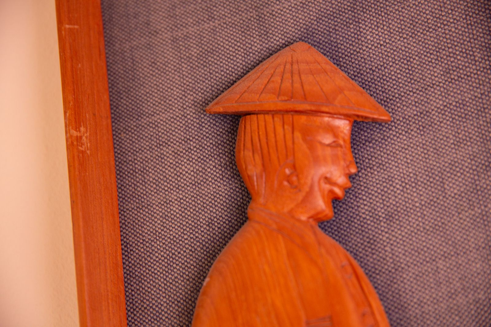 119.0 Pair Of Mid Century South East Asian Hardwood Wall Sculptures On Blue Canvas In Teak Frames photo