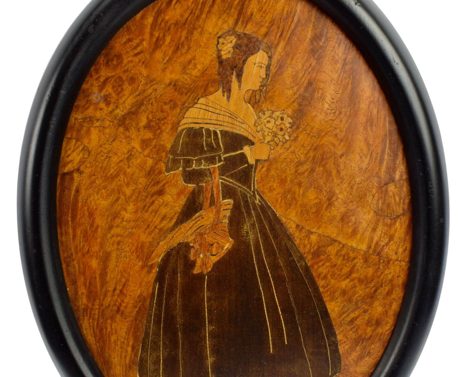 Antique French Pair Of Wooden Marquetry Wall Medallion Noble Lady And Nobleman photo Art