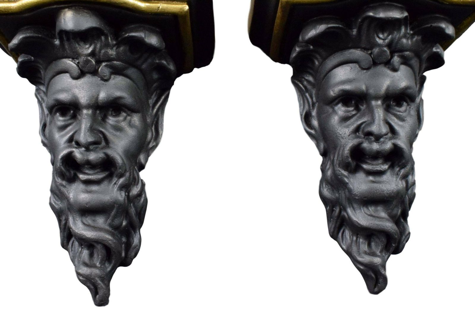 Pair Of French Antique Wall Console Statue Brackets Shelf Black Gold Man Face photo furniture