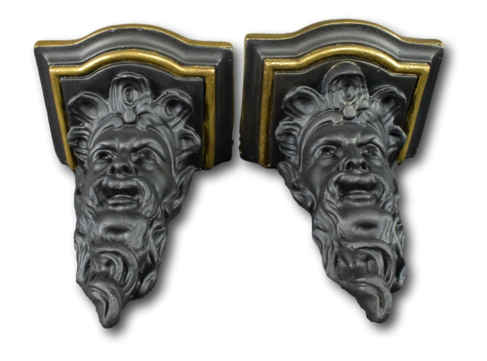Pair Of French Antique Wall Console Statue Brackets Shelf Black Gold Man Face photo 426.0
