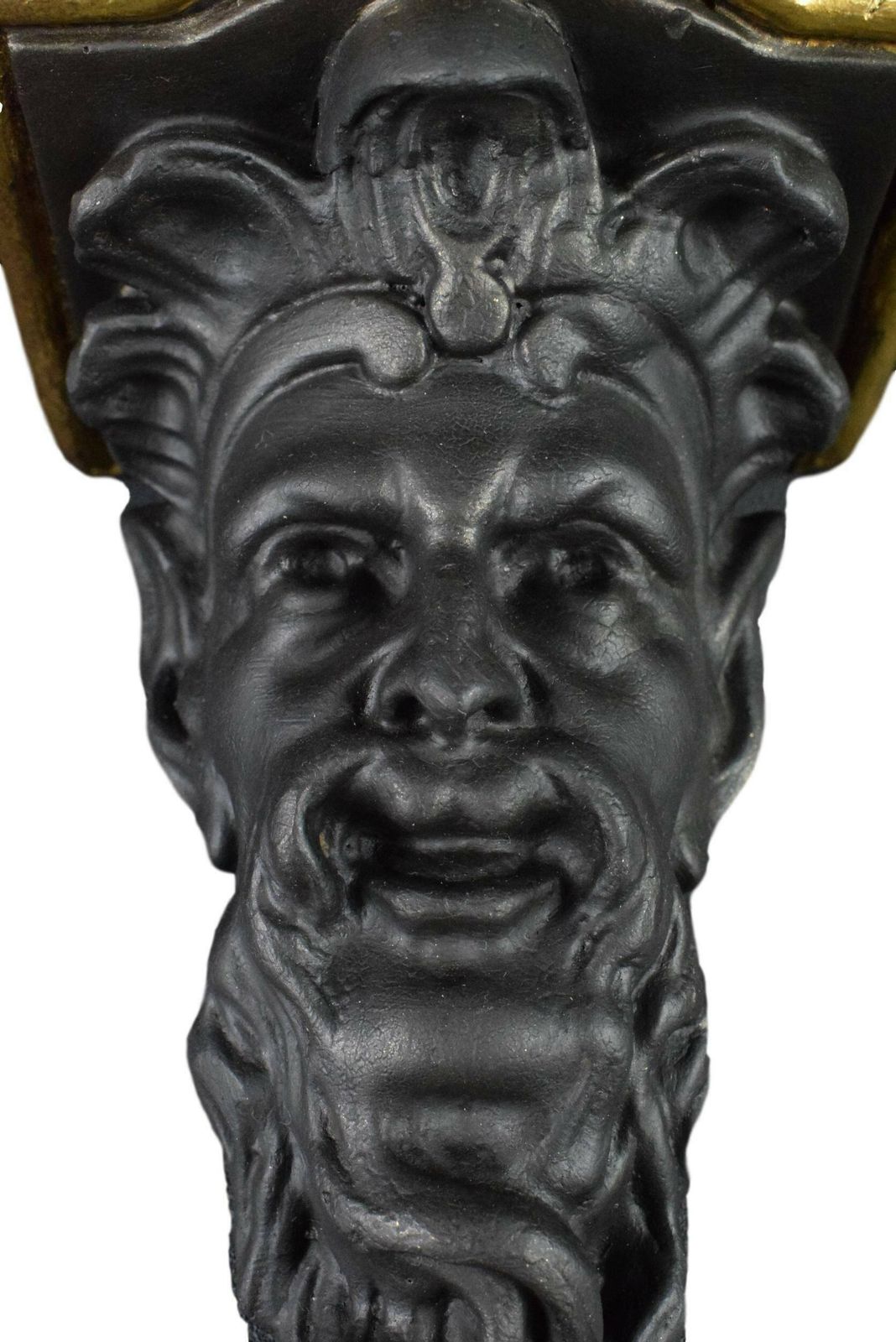 Pair Of French Antique Wall Console Statue Brackets Shelf Black Gold Man Face photo vinterior