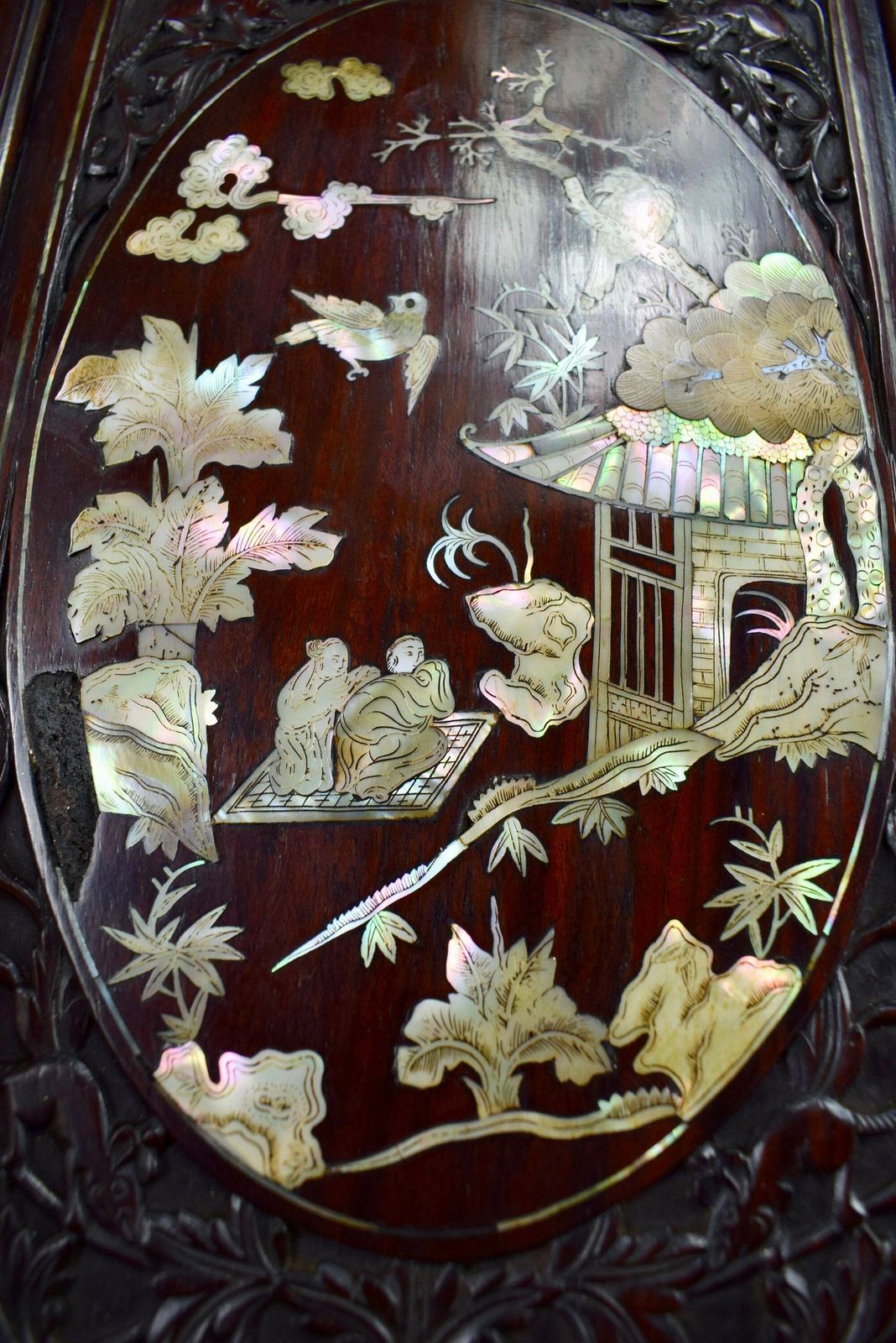 19th Antique Chinese Carved Wood And Mother Of Pearl Inlaid Wall Panel Asian Wood Art Vietnamese photo for sale