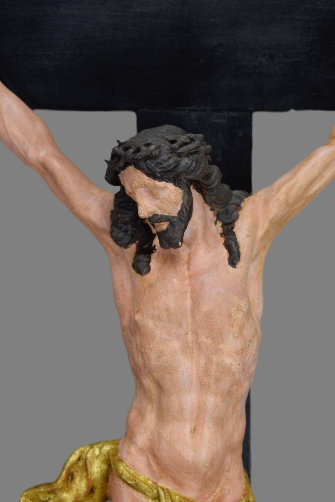 Antique Religious Altar Cross, Hand Painted Jesus Christ Corpus On The Cross photo for sale