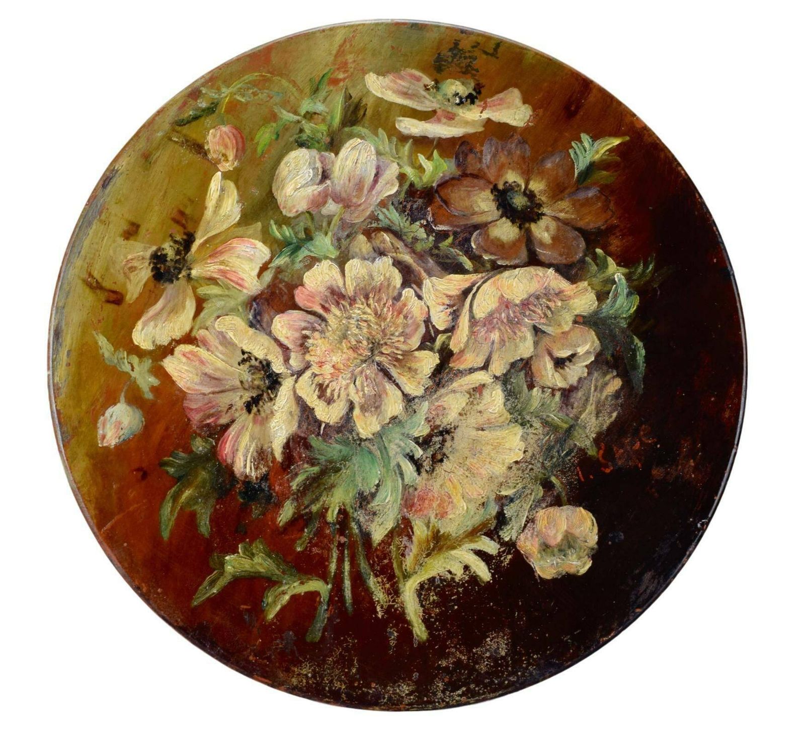French Antique Impressionist Flower Still Life Painting Terracotta Wall Plate Signed Sape