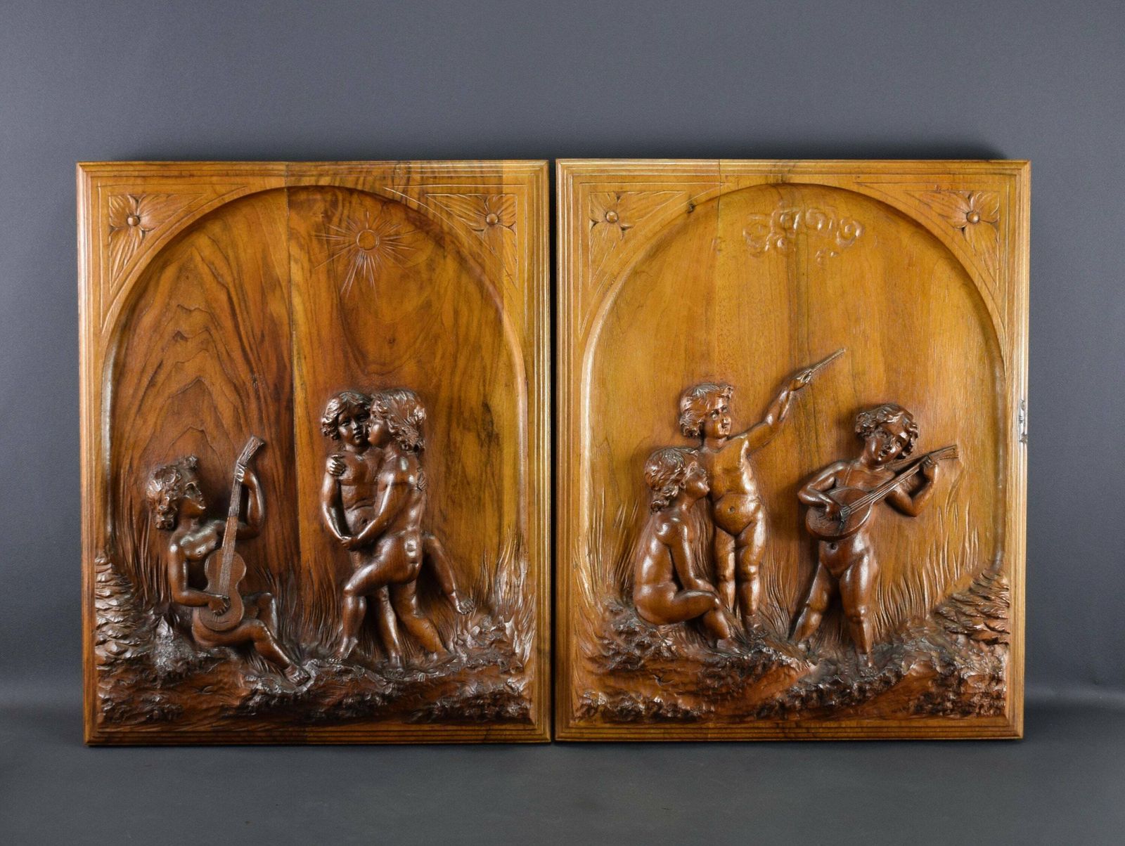 Antique Architectural Pair Of French Cherub Hand Carved Wood Panels 19th