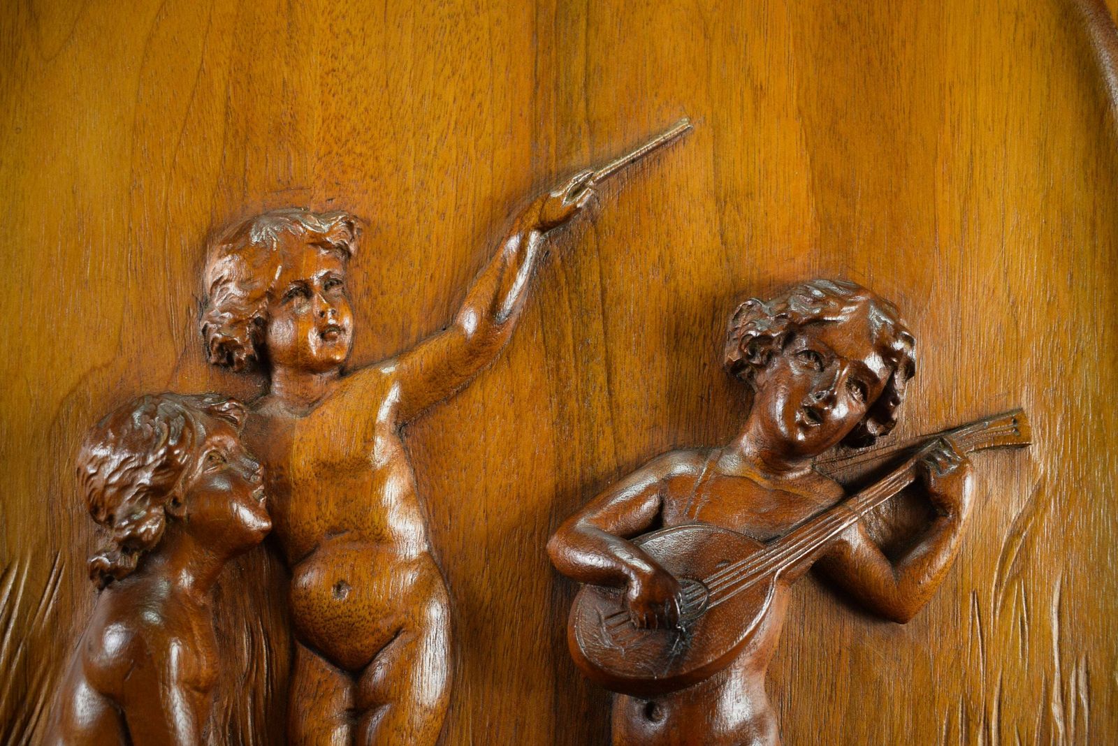 Antique Architectural Pair Of French Cherub Hand Carved Wood Panels 19th photo for sale