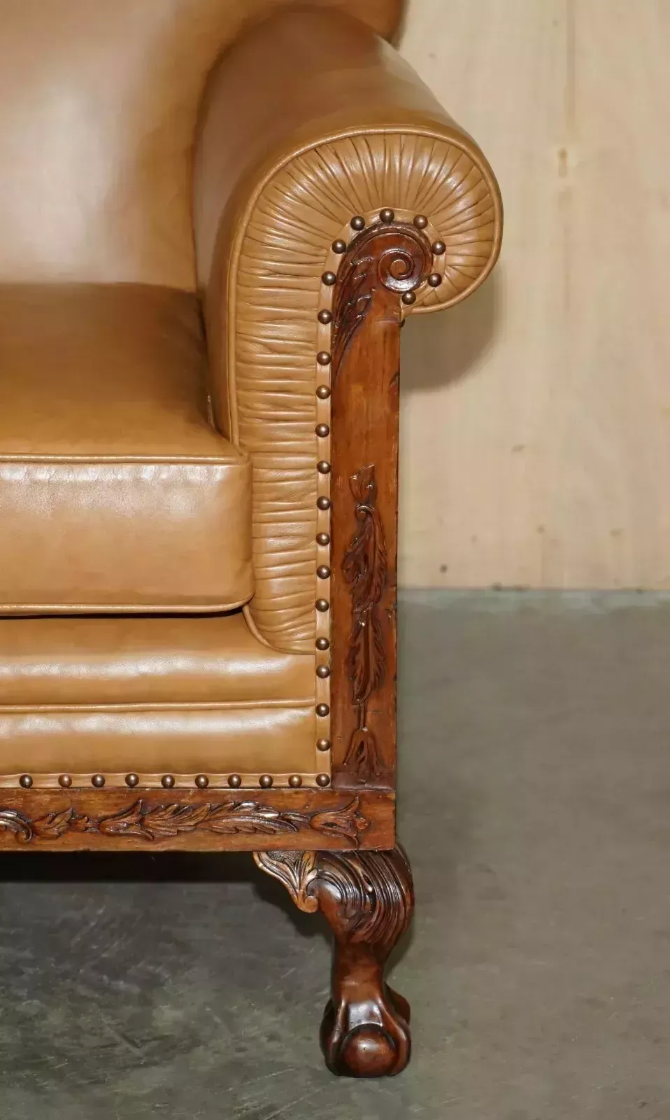 photo for sale Fine Pair Of Restored Victorian Claw & Ball Feet Cognac Brown Leather Armchairs